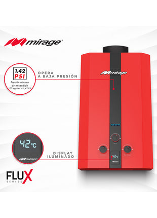 Boiler de Gas LP Mirage FLUX 6L/min | Cero Presión de Agua | Encendido Automático | Color Rojo | Instantáneo | Bajo Consumo